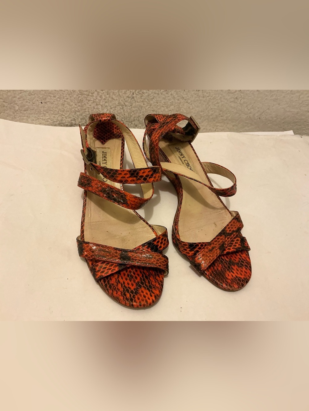 Jimmy Choo Orange Snake-Print Multi-Strap Sandals
